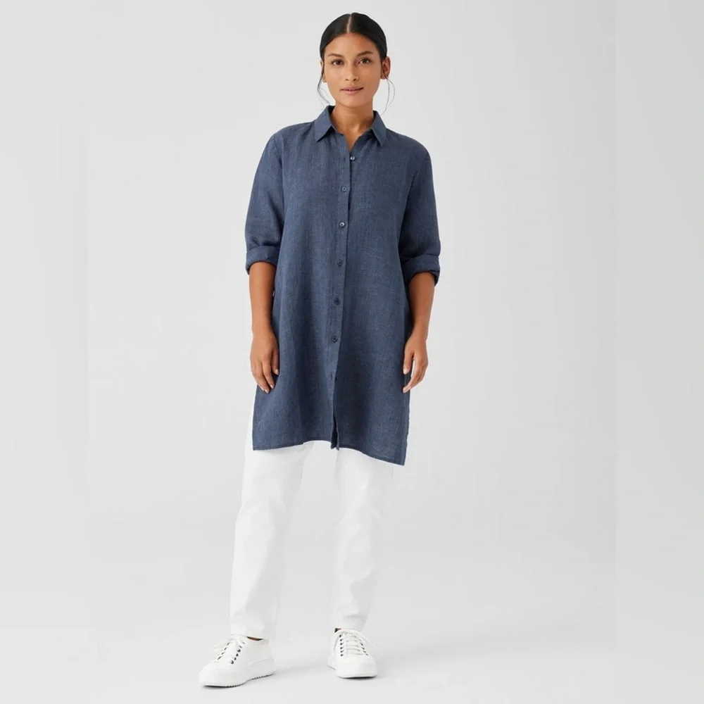 Eileen Fisher Washed Organic Linen Délavé Dusk Blue Button Down Long Shirt XXS